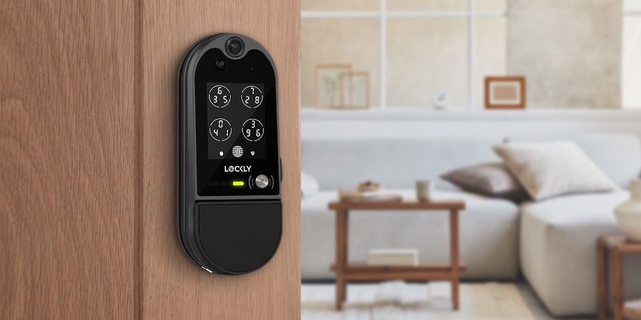 The Lockly Vision Elite on a wooden door.
