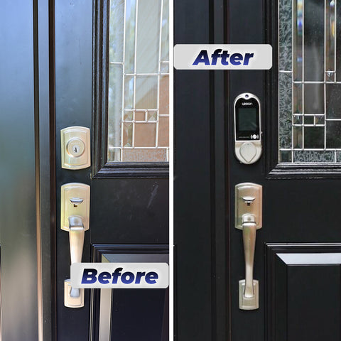 Front Door Before and After Installing Lockly Vision Video Smart Door Lock