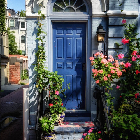 Beautiful Front Porch with Blue Door and Flowers