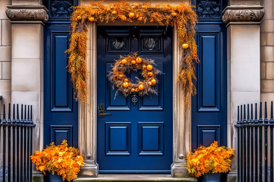 A Lockly Secure Pro smart lock on a blue door during autumn.